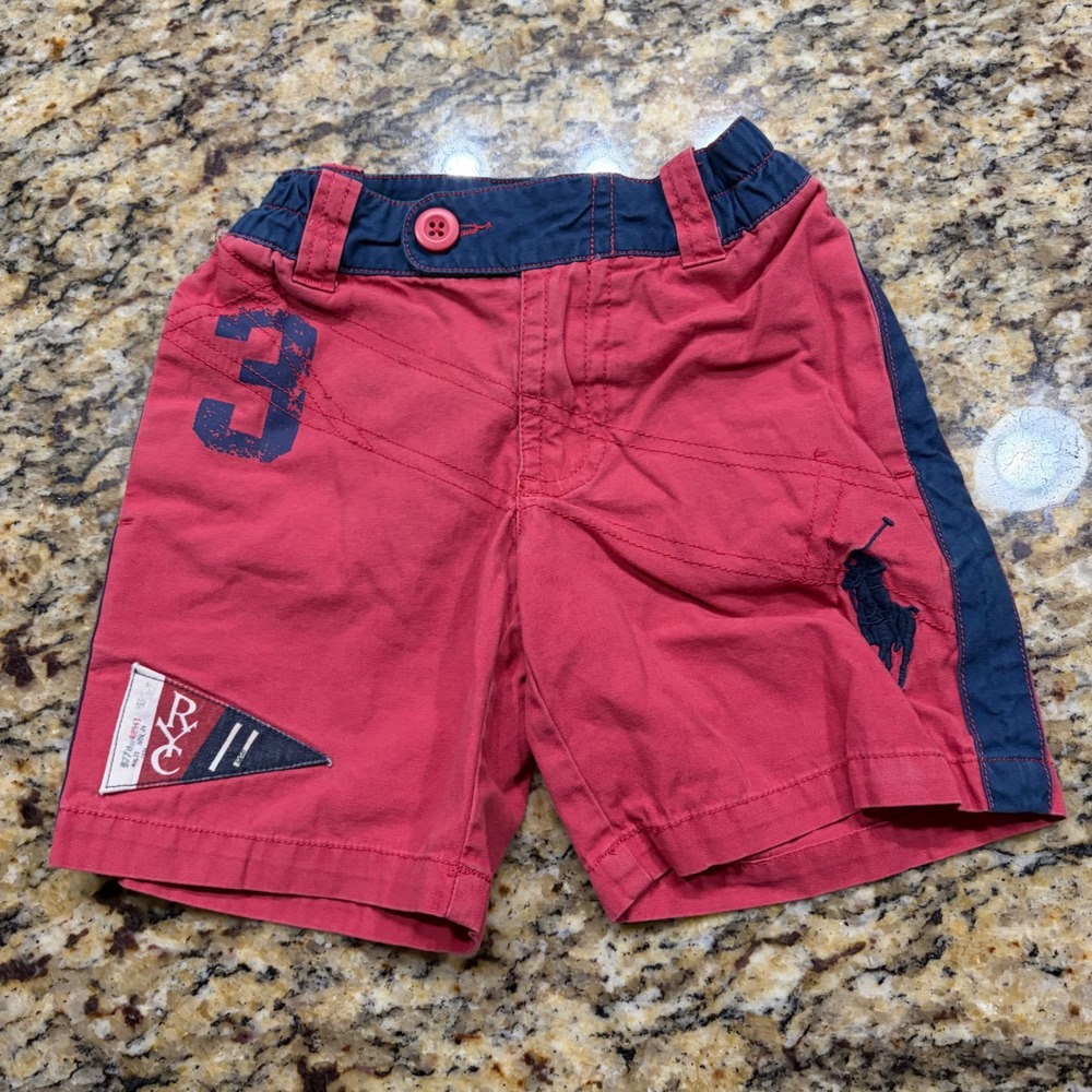 Polo Ralph Lauren Boys Red Navy Blue Pony Logo Chino Shorts Size 3T ws